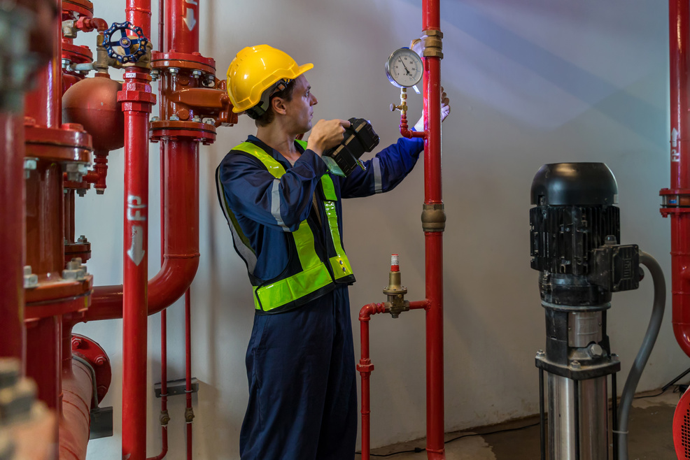 Engineer or technician work checking Fire suppression system and fire equipment.